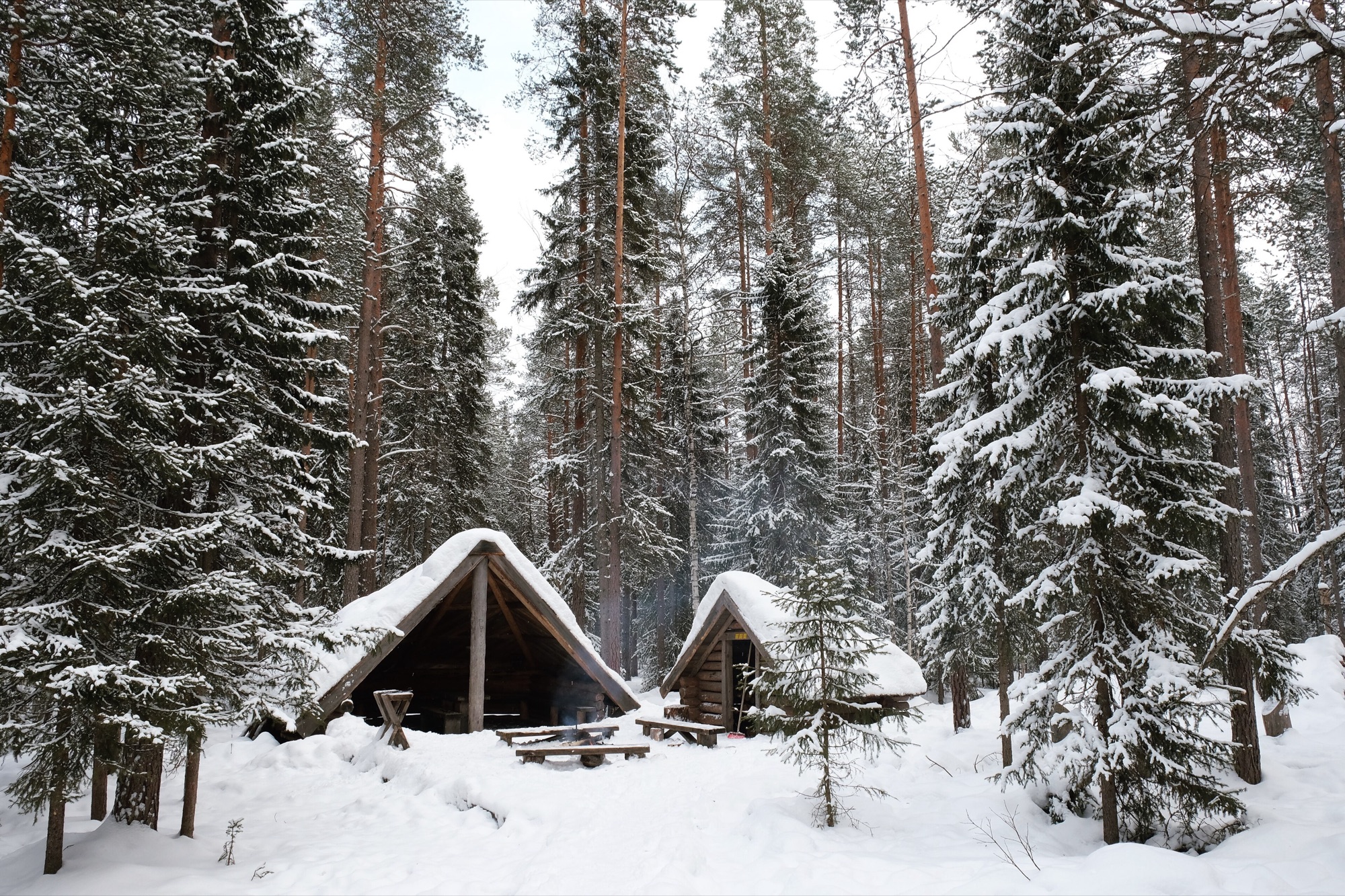 Rovaniemi'de karlı kulübeler