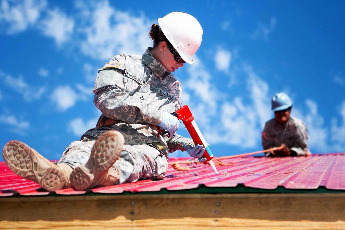 Army Pfc. Danielle Robinson, a carpenter and mason with the 84th Battalion, 30th Brigade, 