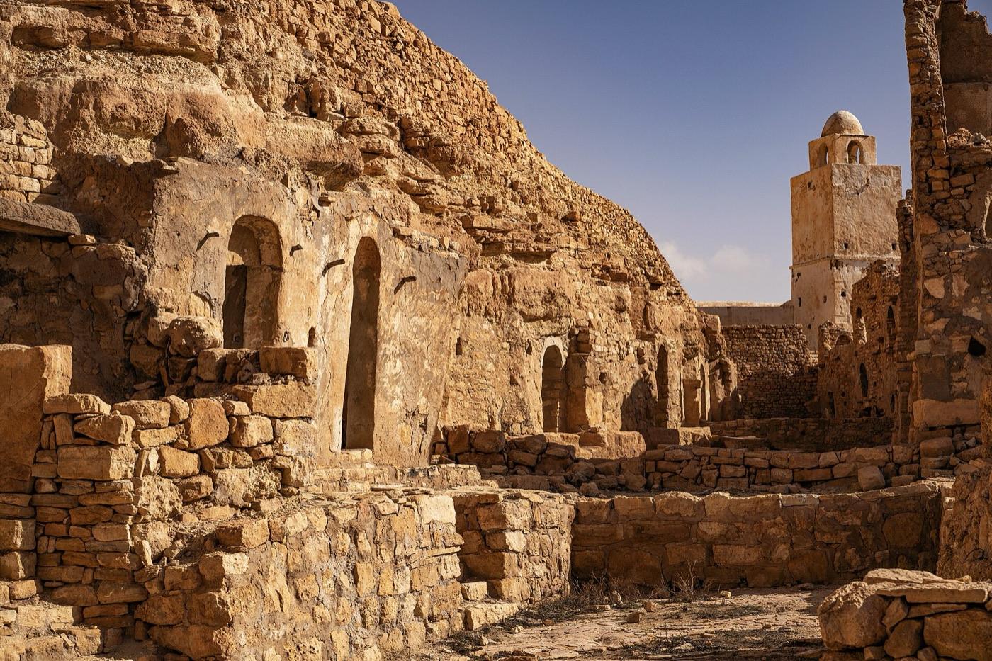Douiret'nin terk edilmiş Berberi köyü ve minaresi