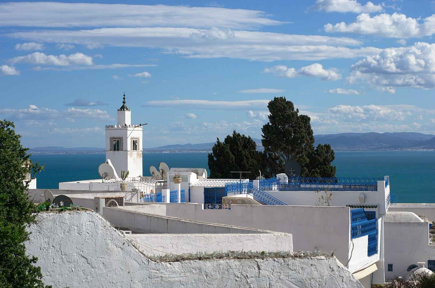 Sidi Bou Said'in beyaz-mavi evleri ve deniz manzarası
